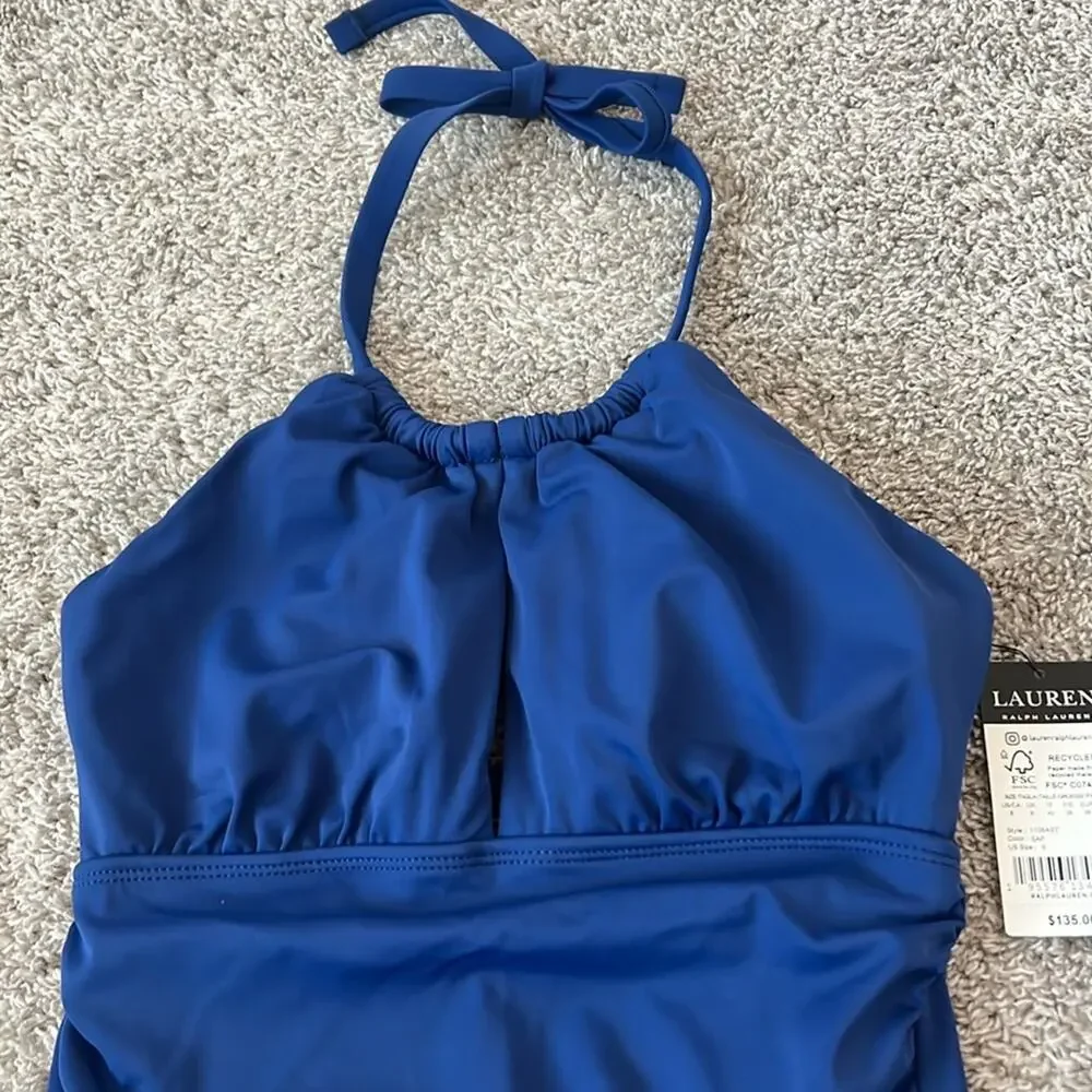 NWT $135 LAUREN Ralph Lauren Plus Sz 14 Sapphire Blue One‎ Piece Swimsuit Halter